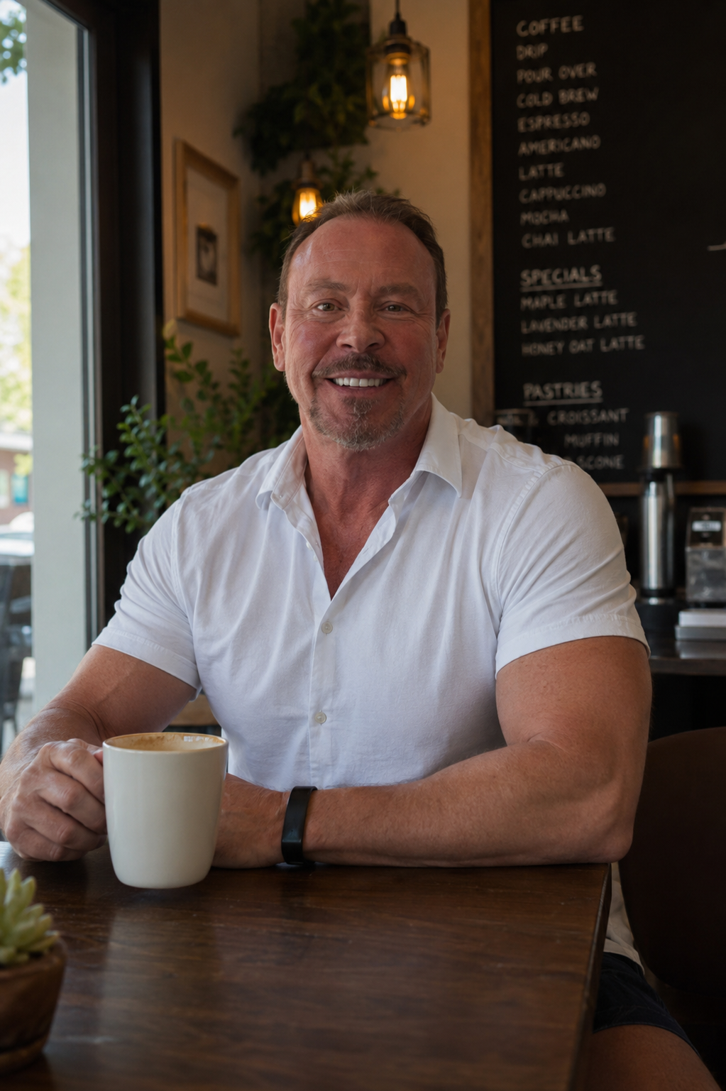 Alex Alcor seated at a cafe table